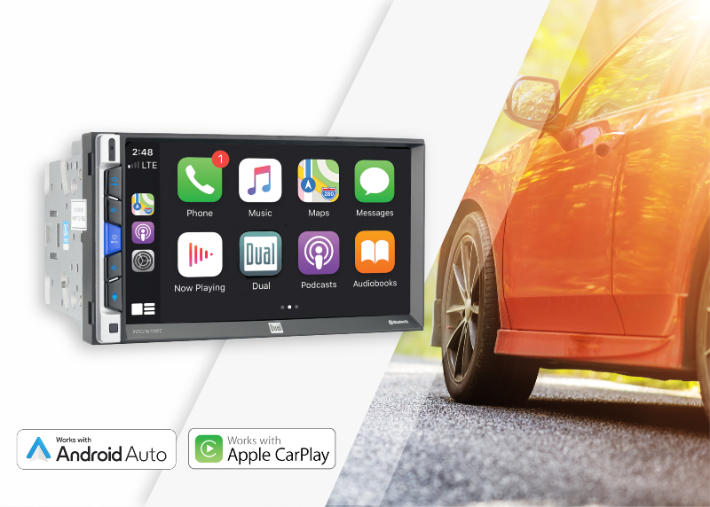 xdcpa10bt highlightling wired apple carplay and android auto radio in foreground next to red car