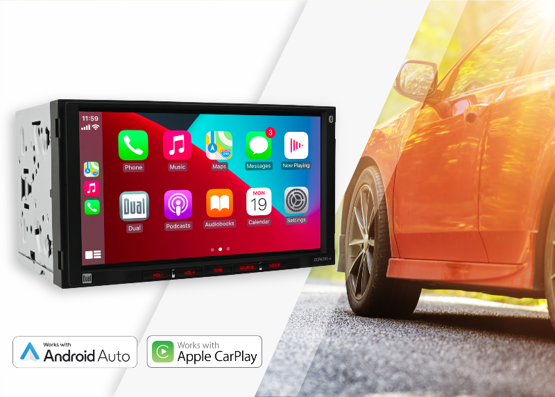 dcpa701-4 highlightling wired apple carplay and android auto radio in foreground next to red car