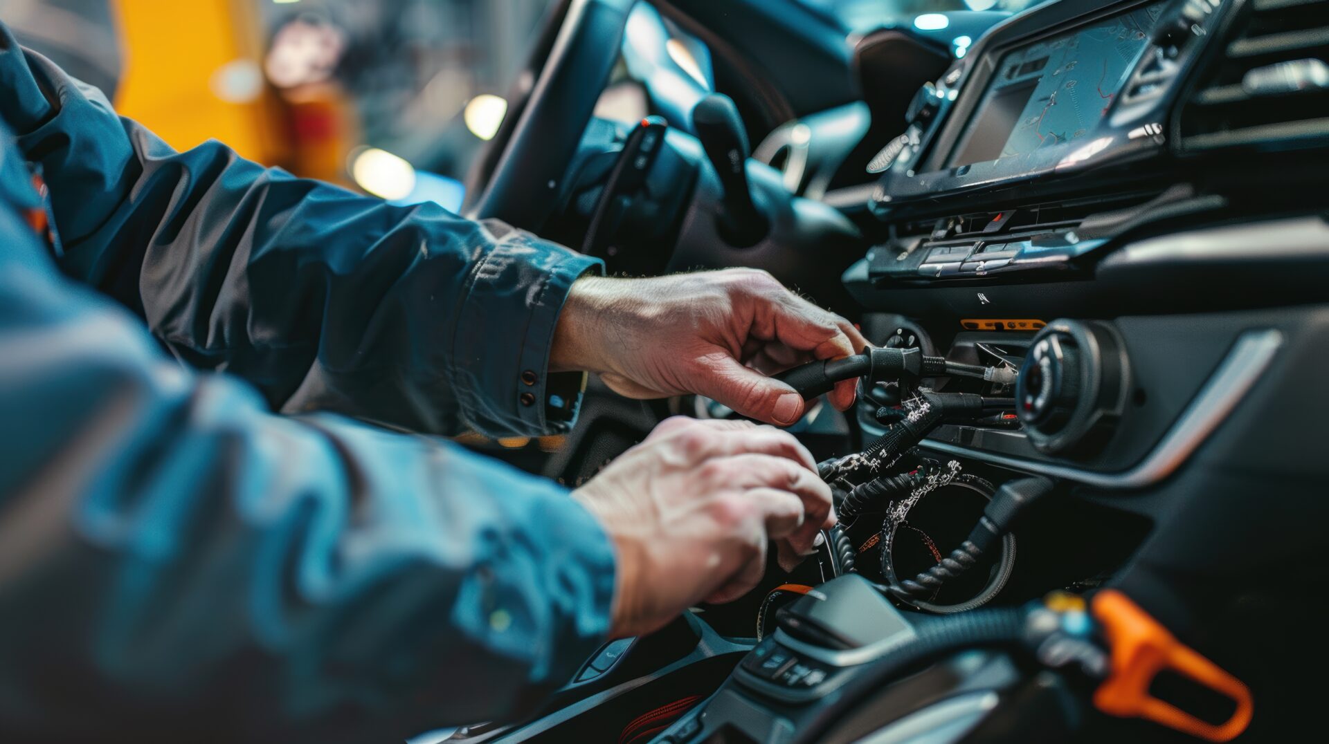 Mechanic performing a car stereo upgrade